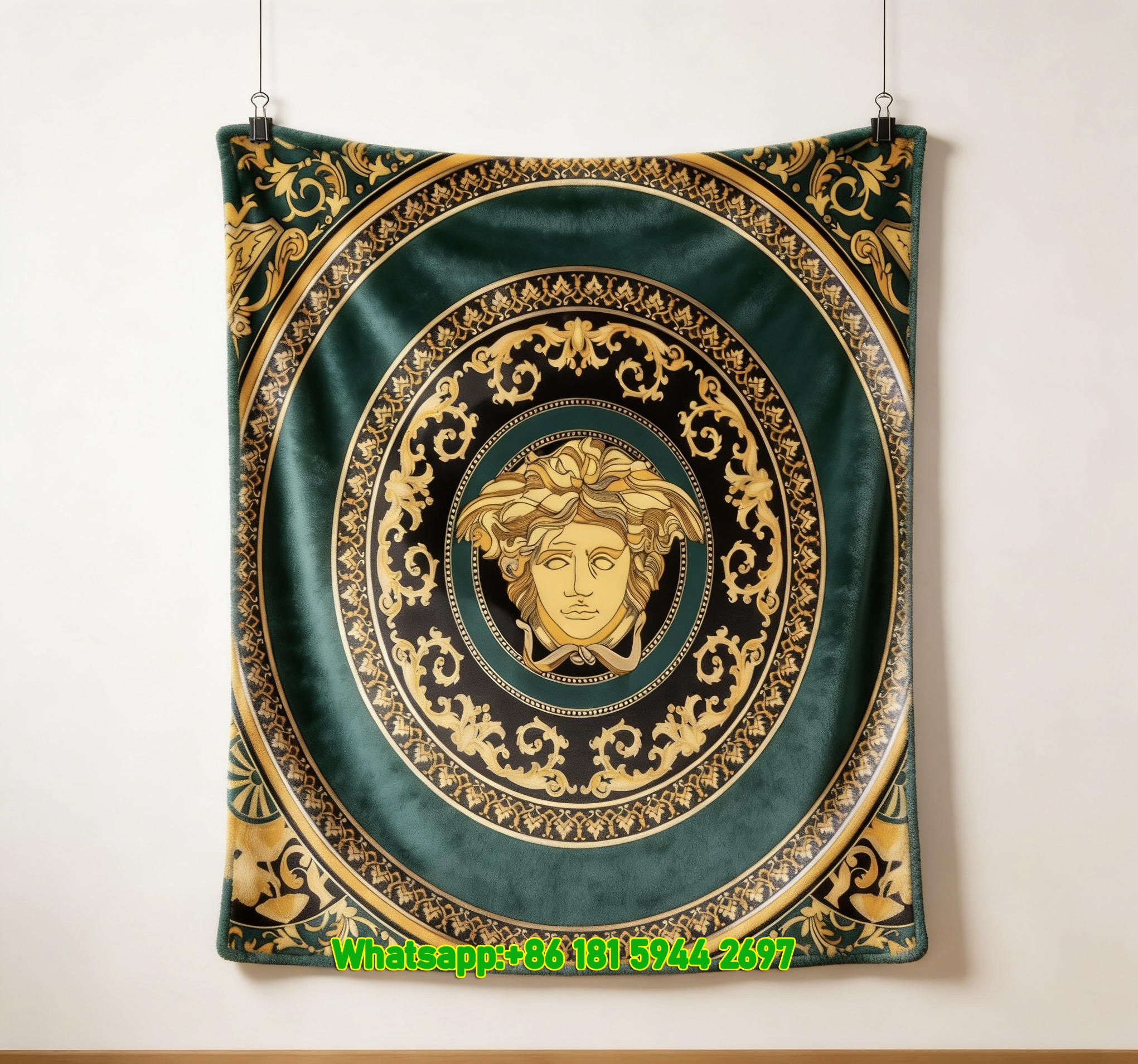Versace Green Gold Medusa Baroque Printed Flannel Throw Blanket IMG_1266